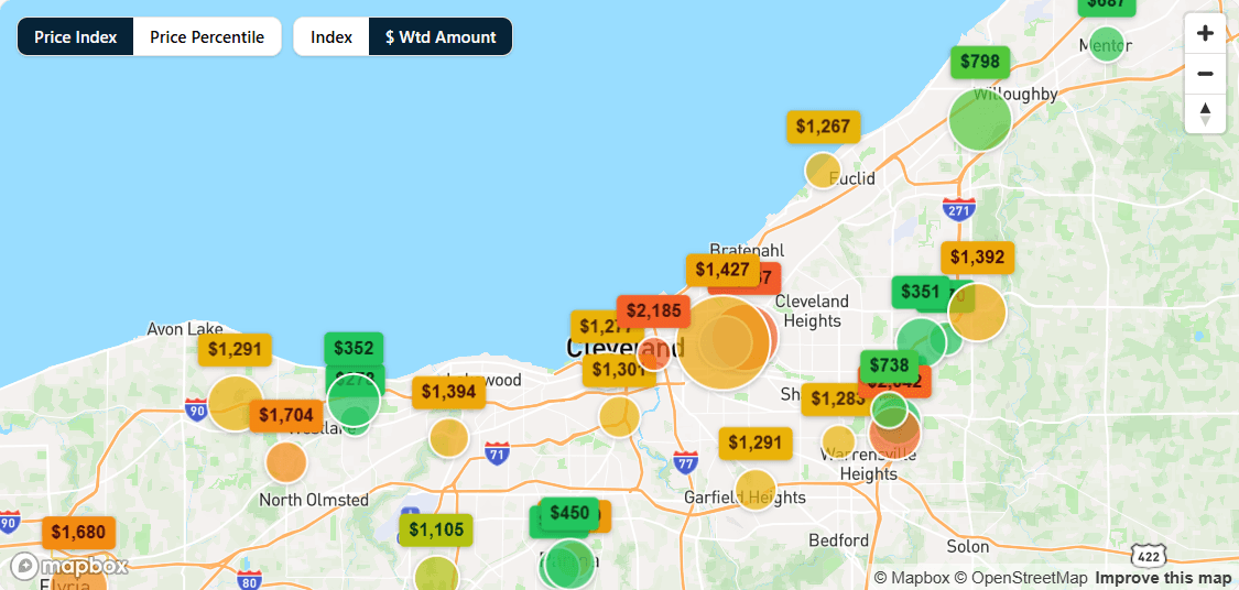 Negotiated prices for an MRI mapped across facilities in the Cleveland-Elyria-Mentor market, each priced pin shaded by price index against benchmark and sized by observed quantity.